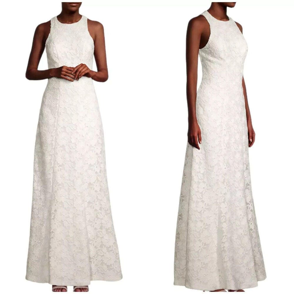 Kay Unger Gown Sz 2 White Maurena Lace Flare Gown Sleeveless Halter Jewel Neck